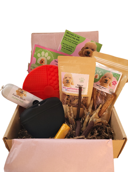 FULL BOX OF NATURAL, HEALTHY TREATS WITH LICK MAT AND SILICONE BAG FOR TREATS