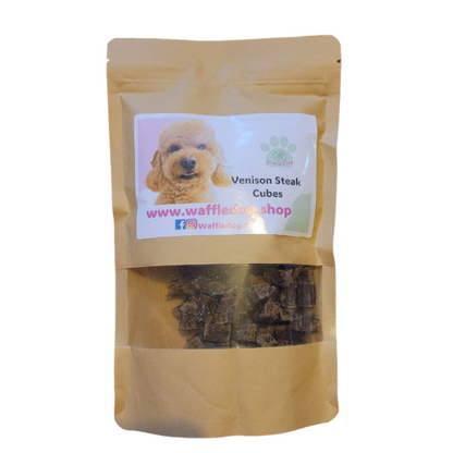 NATURAL VENISON STEAK CUBES DOG TRAINING TREATS BAG 100G